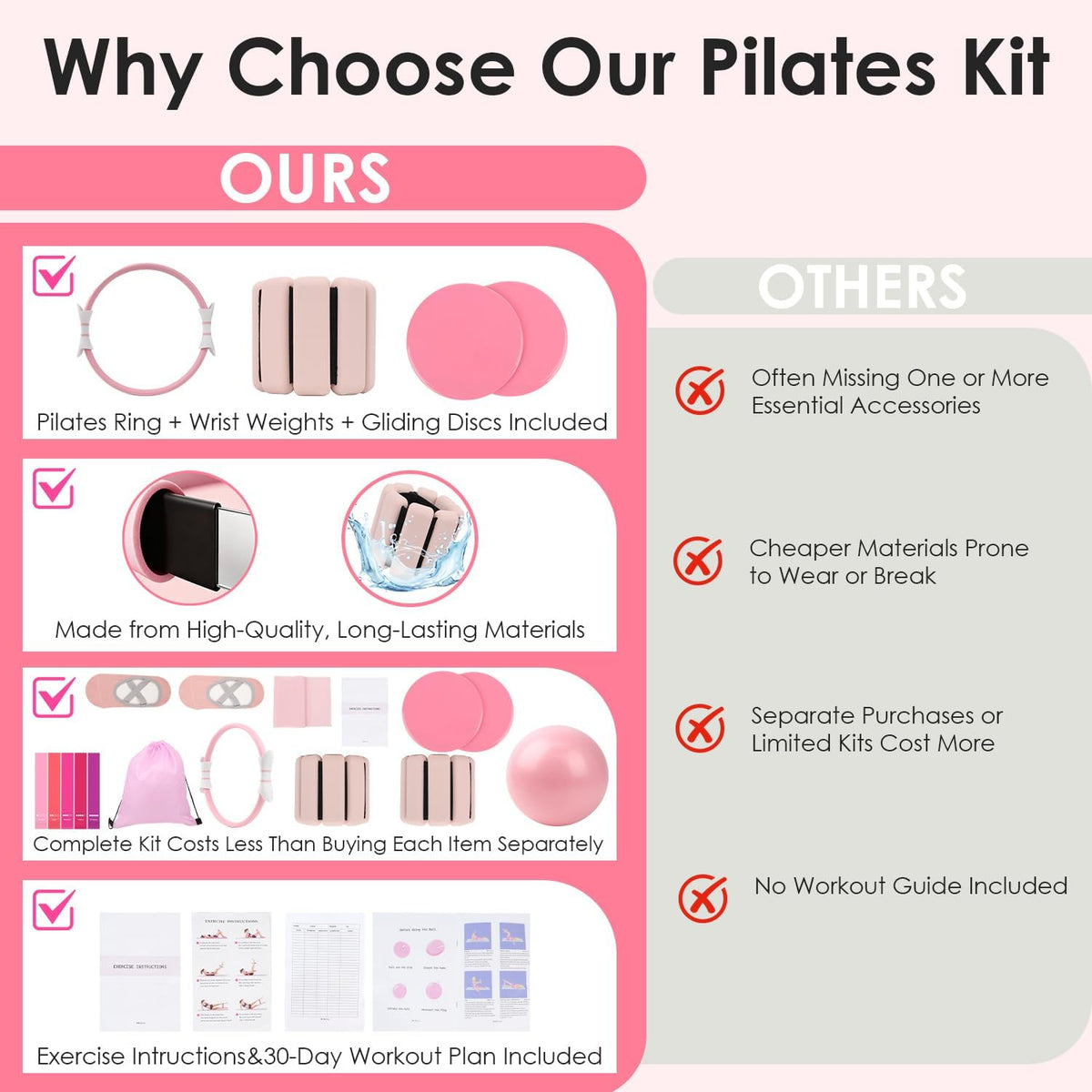 16 PCS Pink Pilates Ring and Ball Set for Women with 15" Magic Circle, Home Pilates Equipment Kit with Adjustable 1LB Ankle Wrist Weight, Resistance Band, Gliding Discs, Pilates Essentials Accessories
