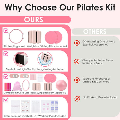 16 PCS Pink Pilates Ring and Ball Set for Women with 15" Magic Circle, Home Pilates Equipment Kit with Adjustable 1LB Ankle Wrist Weight, Resistance Band, Gliding Discs, Pilates Essentials Accessories