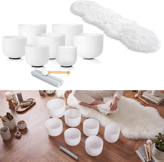 7 Pcs 7-12 Inch Crystal Singing Bowl Set with 1 Pcs White Faux Sheepskin Rug for Chakra Healing, Meditation, Yoga, Sound Therapy, Mindfulness, Relaxation