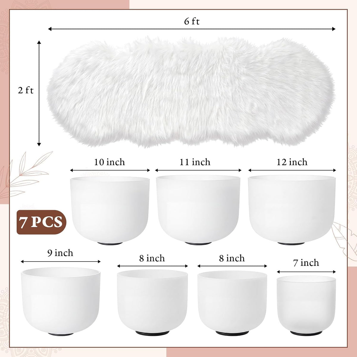 7 Pcs 7-12 Inch Crystal Singing Bowl Set with 1 Pcs White Faux Sheepskin Rug for Chakra Healing, Meditation, Yoga, Sound Therapy, Mindfulness, Relaxation