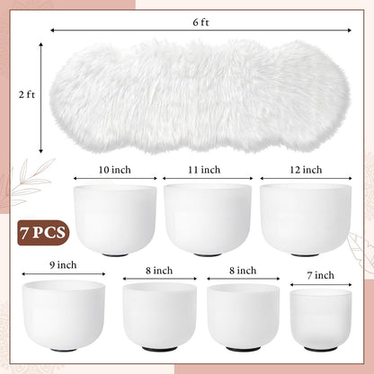 7 Pcs 7-12 Inch Crystal Singing Bowl Set with 1 Pcs White Faux Sheepskin Rug for Chakra Healing, Meditation, Yoga, Sound Therapy, Mindfulness, Relaxation
