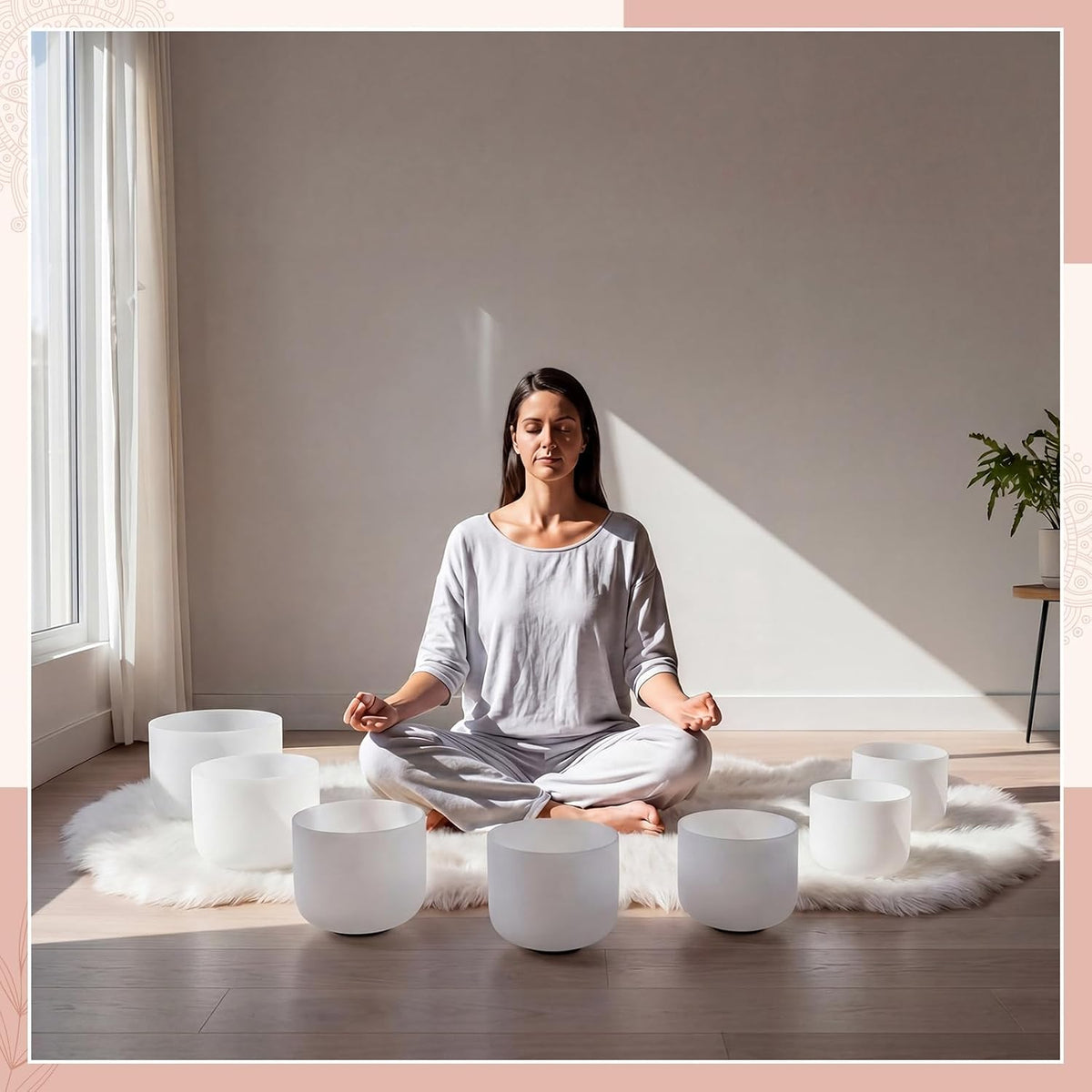 7 Pcs 7-12 Inch Crystal Singing Bowl Set with 1 Pcs White Faux Sheepskin Rug for Chakra Healing, Meditation, Yoga, Sound Therapy, Mindfulness, Relaxation