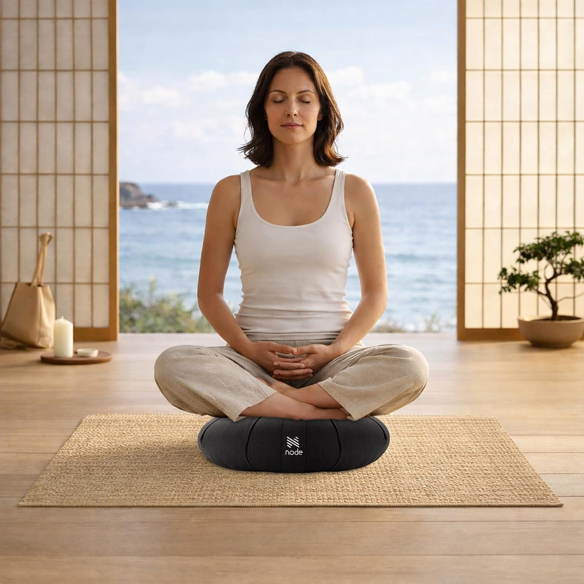 Zafu Meditation Cushion, 15" Round Buckwheat Yoga Pillow with Organic Cotton Cover