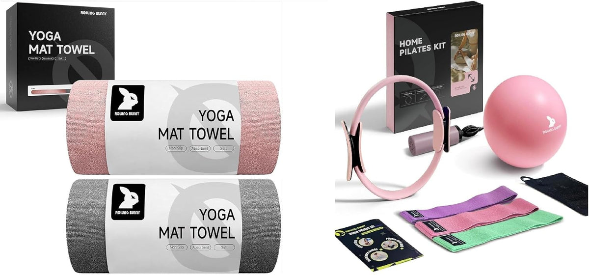 Yoga Mat Towel 72"x25" (Pink + Gray) & Home Pilates Kit