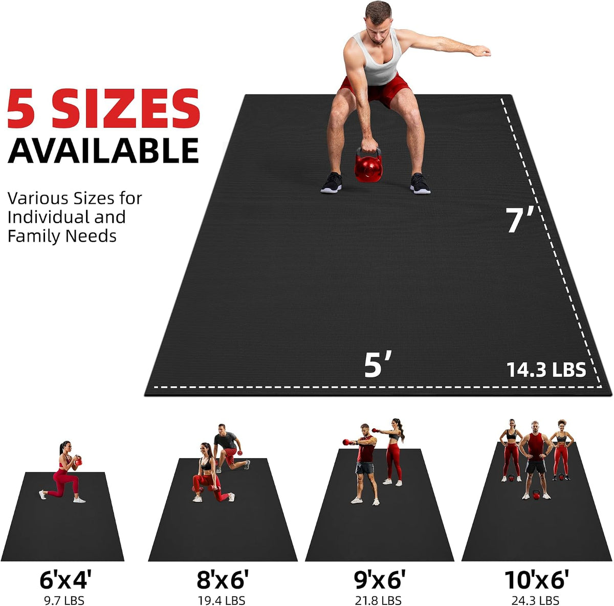 Extra Large Exercise Mat 10'x6'/9'x6'/8'x6'/7'x5'/6'x4' (8mm)
