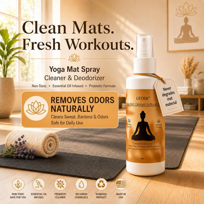 Yoga Mat Cleaner & Deodorizer Spray – Lavender Essential Oil Formula for Yoga Mats, Pilates Reformers & Gym Equipment – Natural No-Residue Workout Mat Cleaner, Non-Toxic Daily Cleaning Spray (4oz)