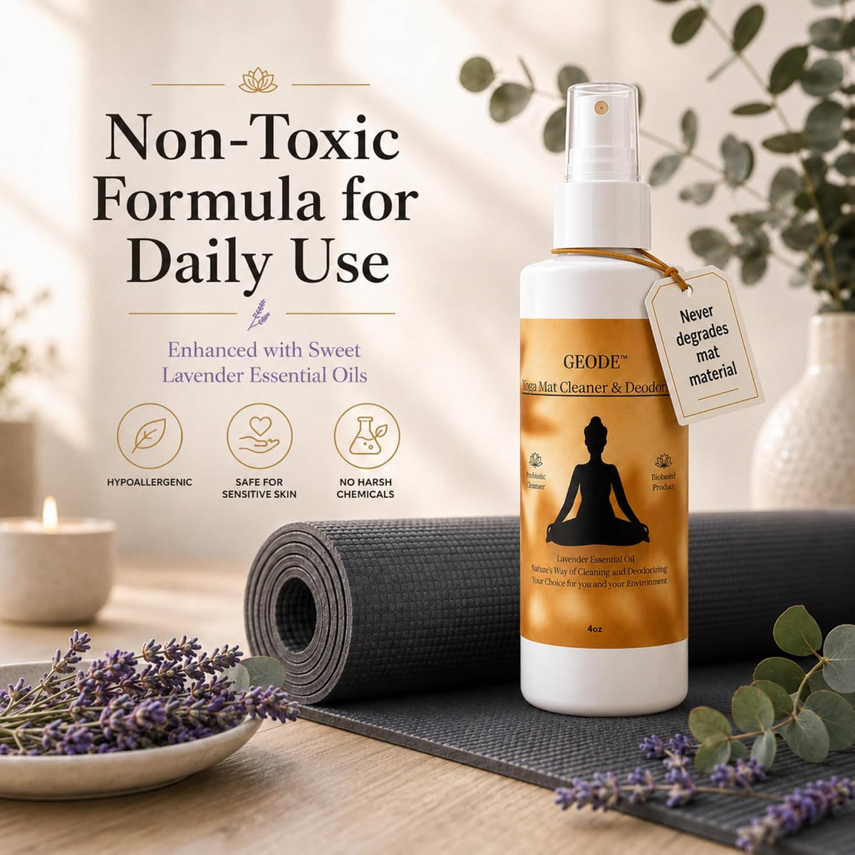 Yoga Mat Cleaner & Deodorizer Spray – Lavender Essential Oil Formula for Yoga Mats, Pilates Reformers & Gym Equipment – Natural No-Residue Workout Mat Cleaner, Non-Toxic Daily Cleaning Spray (4oz)