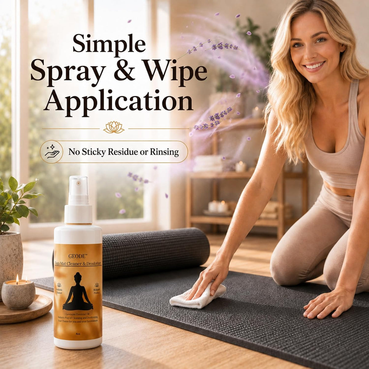 Yoga Mat Cleaner & Deodorizer Spray – Lavender Essential Oil Formula for Yoga Mats, Pilates Reformers & Gym Equipment – Natural No-Residue Workout Mat Cleaner, Non-Toxic Daily Cleaning Spray (4oz)