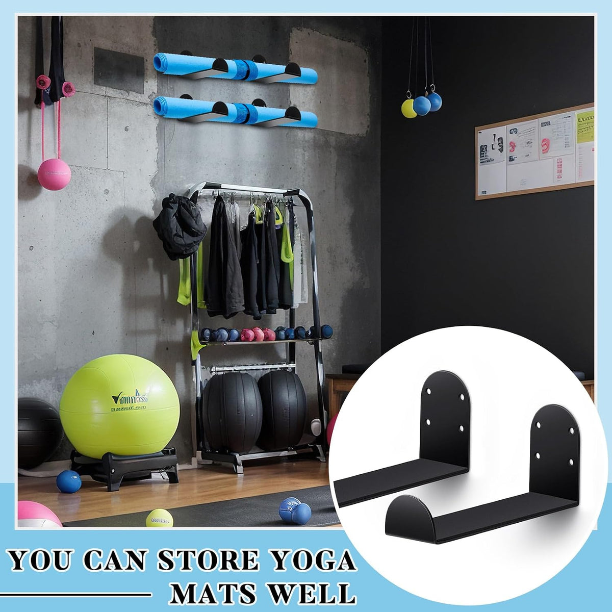 4 Pcs Yoga Mat Storage Rack Wall Mount Holder Exercise Mat Hanger Foam Roller Wall Hooks Gym Organizer for Hanging Fitness Bands Yoga Strap Home Gym