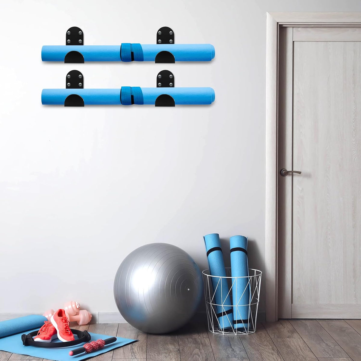 4 Pcs Yoga Mat Storage Rack Wall Mount Holder Exercise Mat Hanger Foam Roller Wall Hooks Gym Organizer for Hanging Fitness Bands Yoga Strap Home Gym