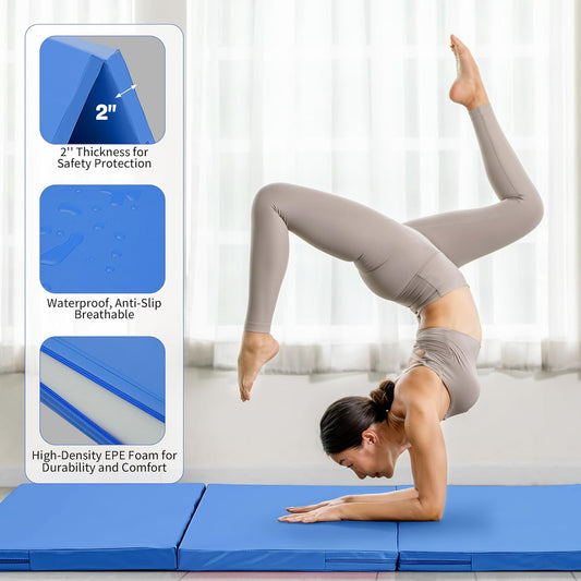 6'x3'x2'' Gymnastics Mats Portable 4-Fold Tumbling Mat Thick Yoga Mat with PU Leather & Carry Handle for Home Workout, Yoga, MMA Core Training, Pilates