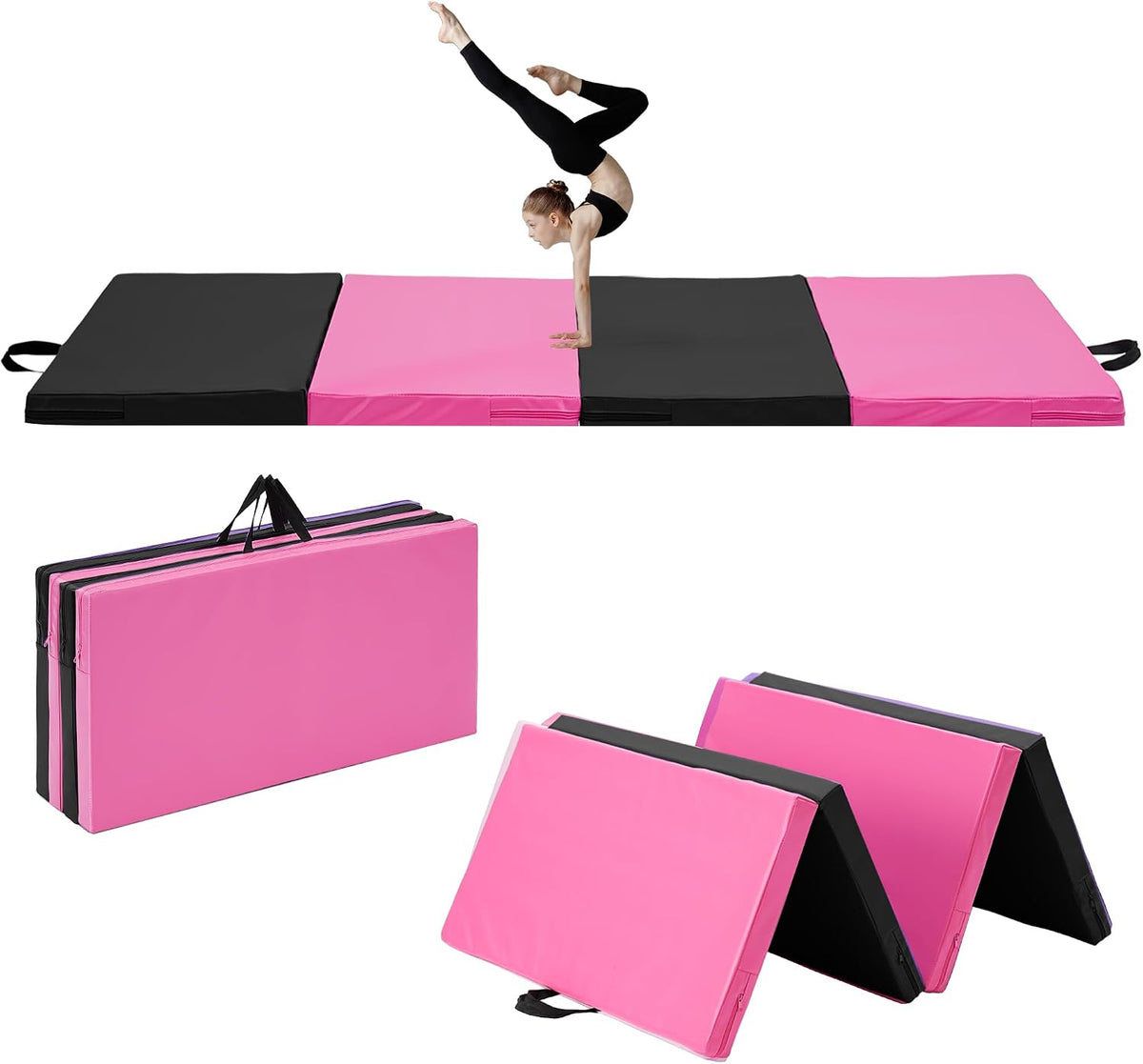 6'x3'x2'' Gymnastics Mats Portable 4-Fold Tumbling Mat Thick Yoga Mat with PU Leather & Carry Handle for Home Workout, Yoga, MMA Core Training, Pilates