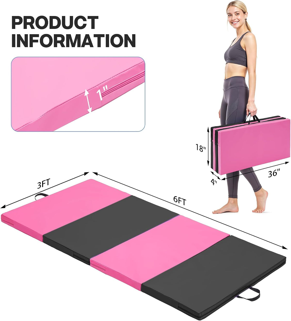 6'x3'x2'' Gymnastics Mats Portable 4-Fold Tumbling Mat Thick Yoga Mat with PU Leather & Carry Handle for Home Workout, Yoga, MMA Core Training, Pilates
