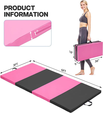 6'x3'x2'' Gymnastics Mats Portable 4-Fold Tumbling Mat Thick Yoga Mat with PU Leather & Carry Handle for Home Workout, Yoga, MMA Core Training, Pilates