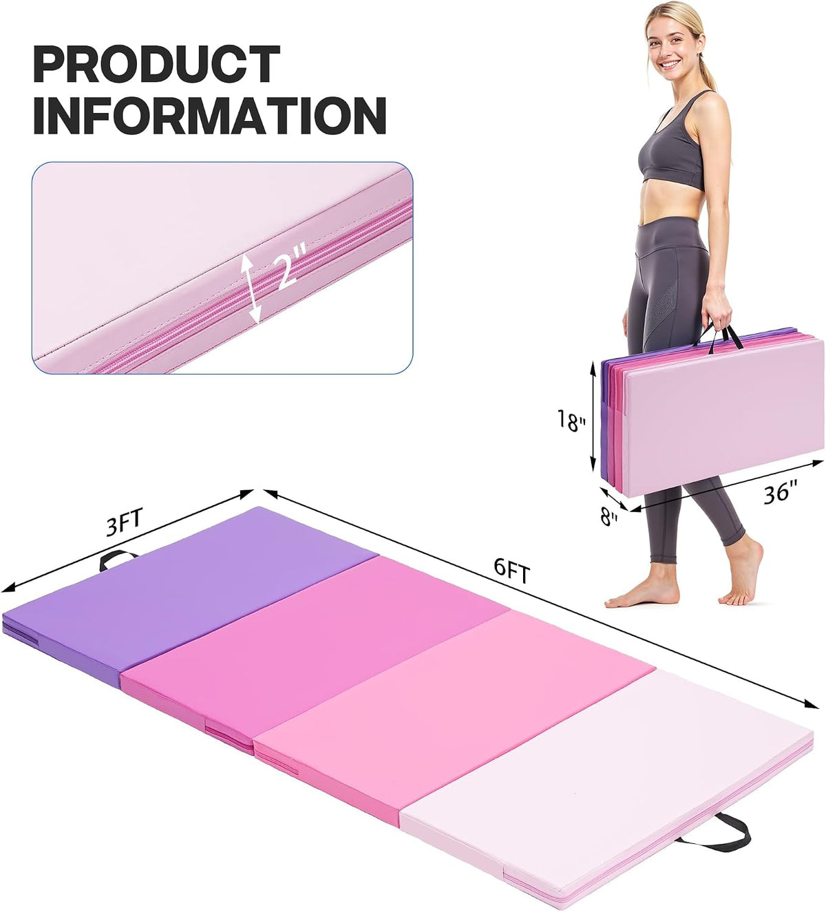 6'x3'x2'' Gymnastics Mats Portable 4-Fold Tumbling Mat Thick Yoga Mat with PU Leather & Carry Handle for Home Workout, Yoga, MMA Core Training, Pilates