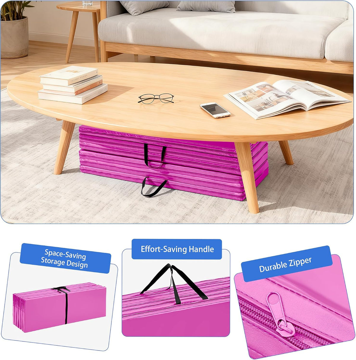 6'x3'x2'' Gymnastics Mats Portable 4-Fold Tumbling Mat Thick Yoga Mat with PU Leather & Carry Handle for Home Workout, Yoga, MMA Core Training, Pilates
