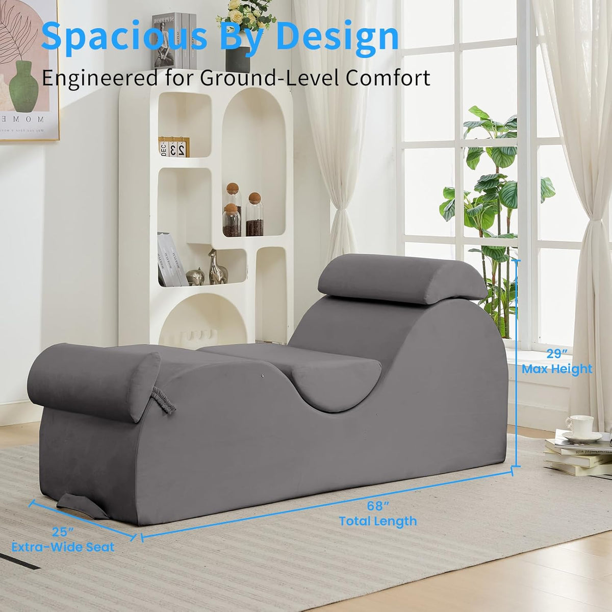 25" Velvet Lounge Chair with Lumbar Support, Side Pocket, Light Grey