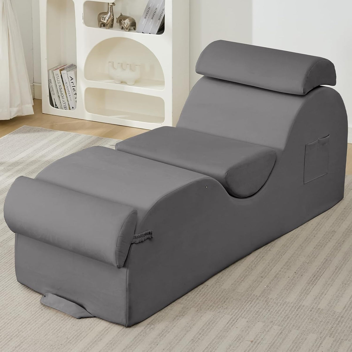 25" Velvet Lounge Chair with Lumbar Support, Side Pocket, Light Grey