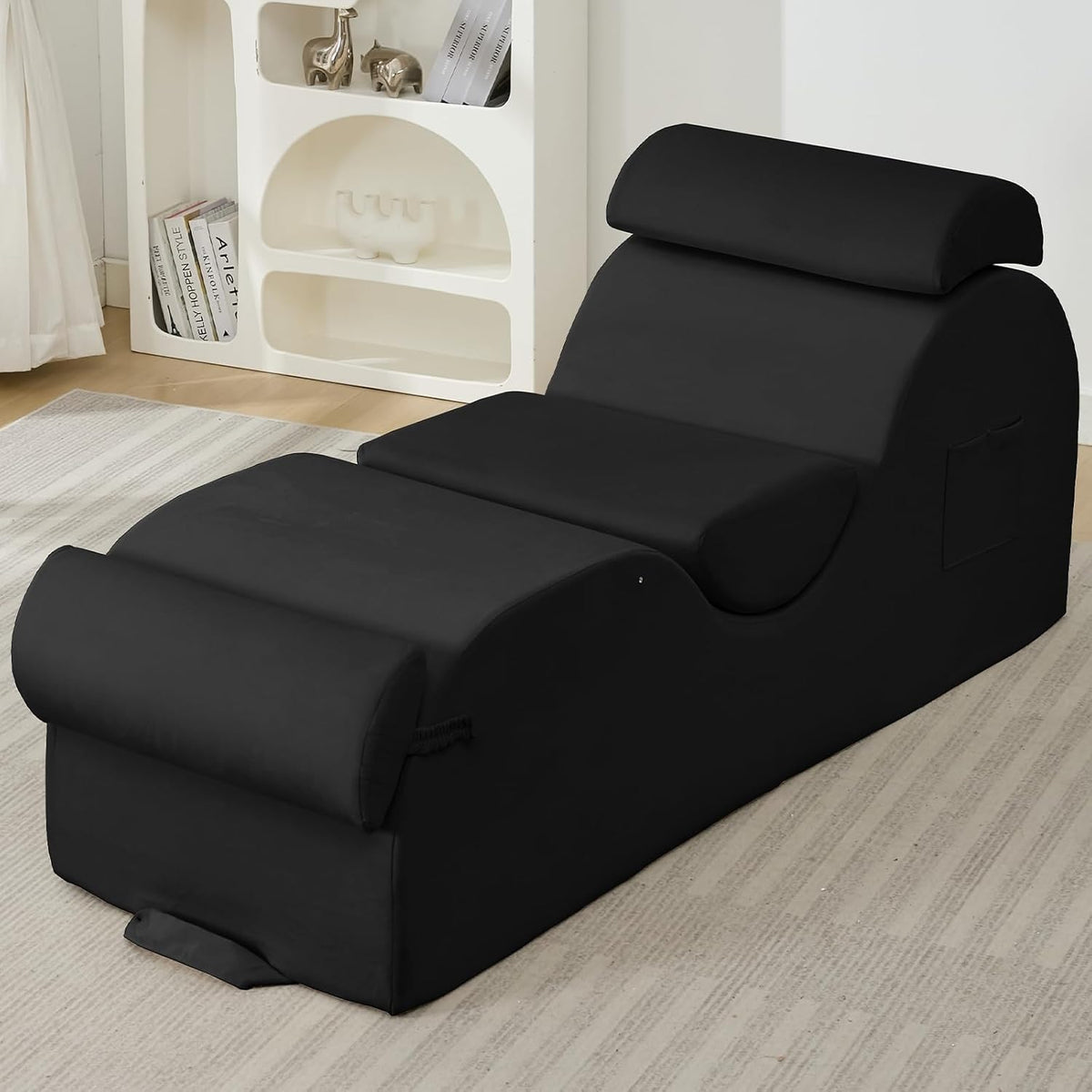 25" Velvet Lounge Chair with Lumbar Support, Side Pocket, Light Grey