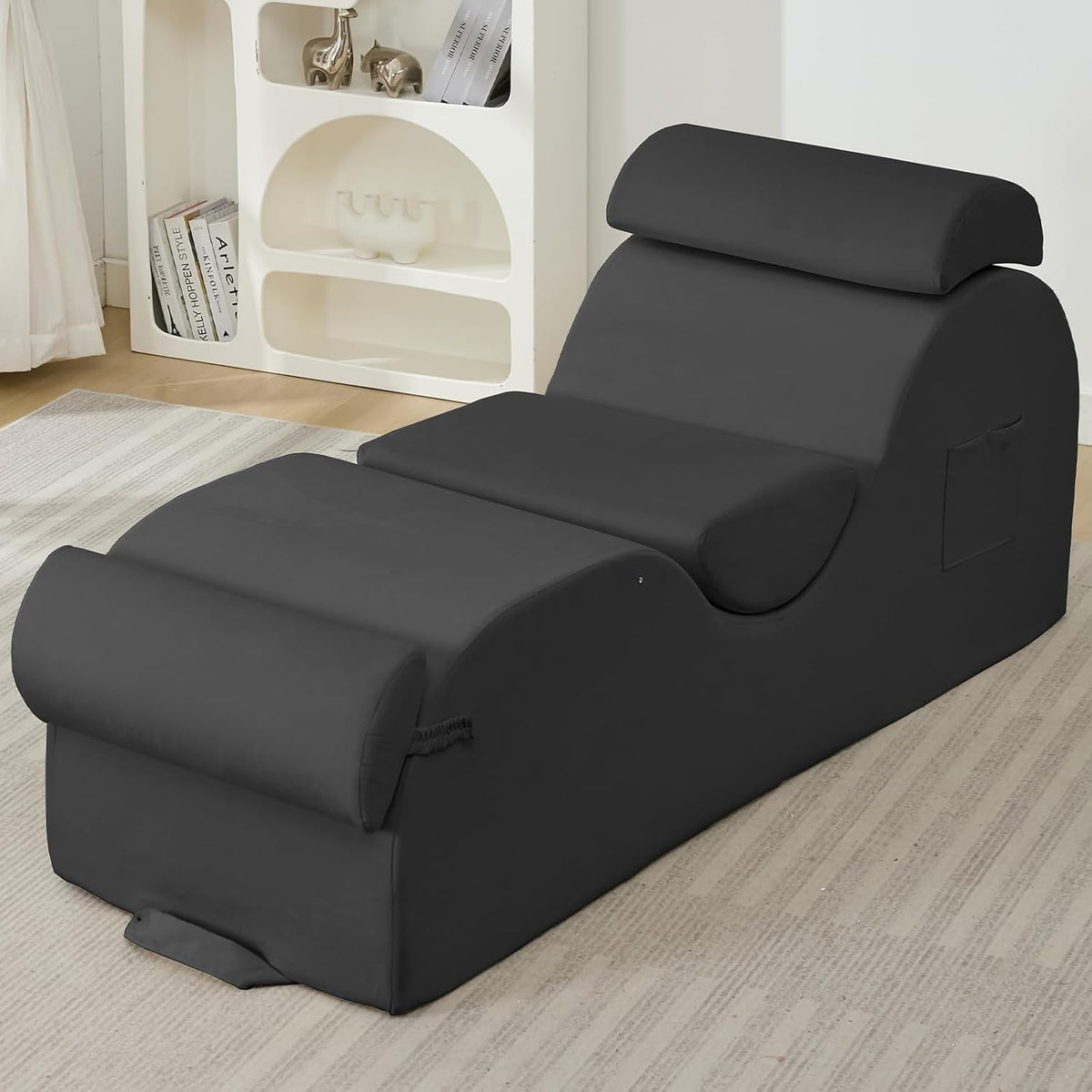 25" Velvet Lounge Chair with Lumbar Support, Side Pocket, Light Grey