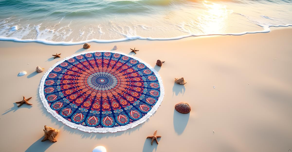 Mandala Round Beach Tapestry Boho Hippie Blanket Bohemian Large Table Cloth Home Decor Yoga Mat Meditation Picnic Rug Throw Hippy Gypsy Tablecloth Roundie (42 Inches, Orange And Blue)