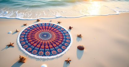 Mandala Round Beach Tapestry Boho Hippie Blanket Bohemian Large Table Cloth Home Decor Yoga Mat Meditation Picnic Rug Throw Hippy Gypsy Tablecloth Roundie (42 Inches, Orange And Blue)