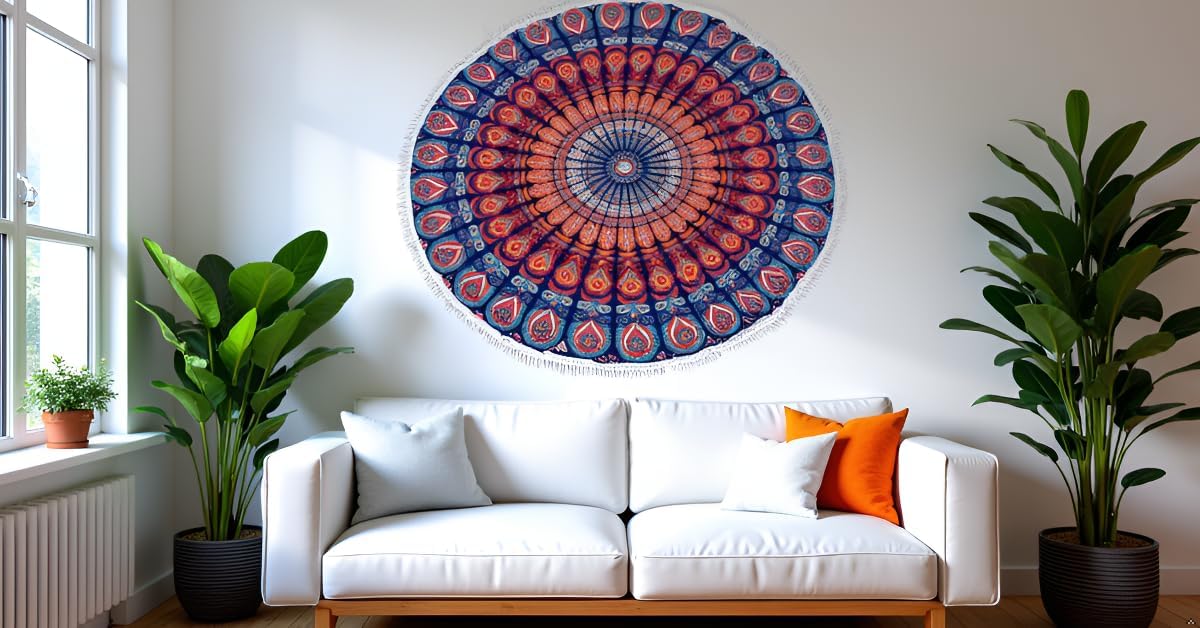 Mandala Round Beach Tapestry Boho Hippie Blanket Bohemian Large Table Cloth Home Decor Yoga Mat Meditation Picnic Rug Throw Hippy Gypsy Tablecloth Roundie (42 Inches, Orange And Blue)