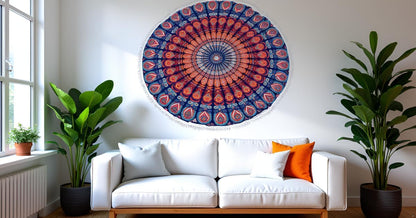Mandala Round Beach Tapestry Boho Hippie Blanket Bohemian Large Table Cloth Home Decor Yoga Mat Meditation Picnic Rug Throw Hippy Gypsy Tablecloth Roundie (42 Inches, Orange And Blue)