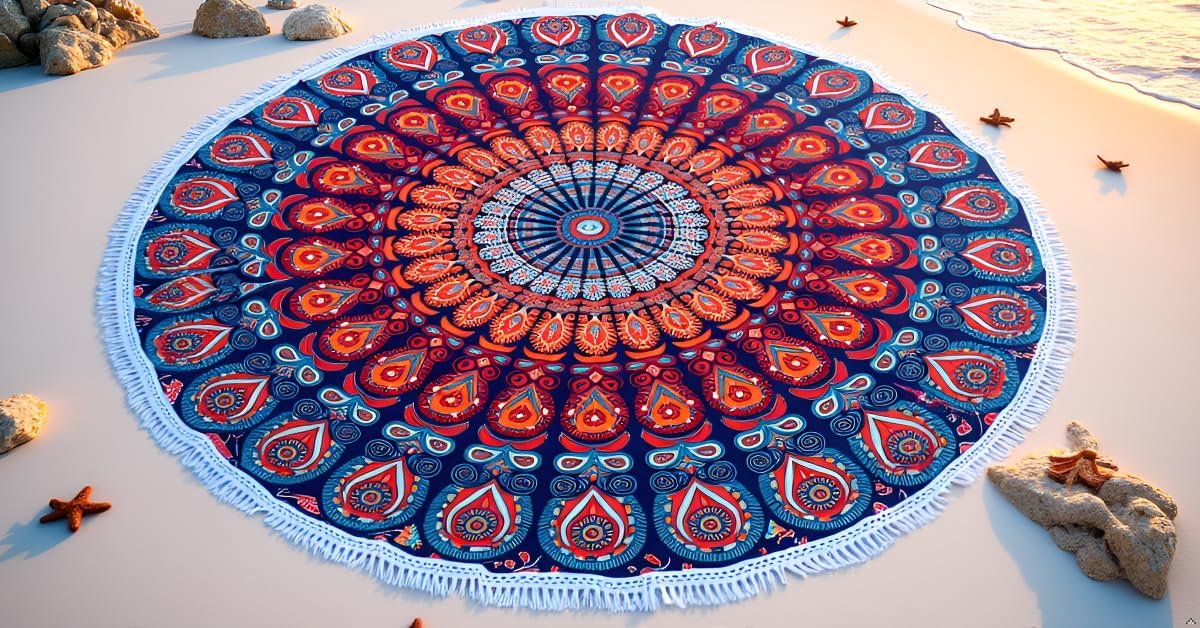 Mandala Round Beach Tapestry Boho Hippie Blanket Bohemian Large Table Cloth Home Decor Yoga Mat Meditation Picnic Rug Throw Hippy Gypsy Tablecloth Roundie (42 Inches, Orange And Blue)