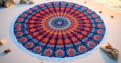 Mandala Round Beach Tapestry Boho Hippie Blanket Bohemian Large Table Cloth Home Decor Yoga Mat Meditation Picnic Rug Throw Hippy Gypsy Tablecloth Roundie (42 Inches, Orange And Blue)