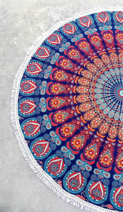 Mandala Round Beach Tapestry Boho Hippie Blanket Bohemian Large Table Cloth Home Decor Yoga Mat Meditation Picnic Rug Throw Hippy Gypsy Tablecloth Roundie (42 Inches, Orange And Blue)