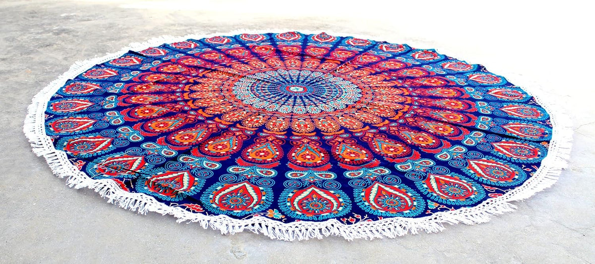 Mandala Round Beach Tapestry Boho Hippie Blanket Bohemian Large Table Cloth Home Decor Yoga Mat Meditation Picnic Rug Throw Hippy Gypsy Tablecloth Roundie (42 Inches, Orange And Blue)