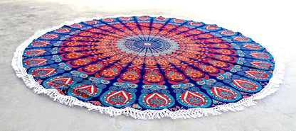 Mandala Round Beach Tapestry Boho Hippie Blanket Bohemian Large Table Cloth Home Decor Yoga Mat Meditation Picnic Rug Throw Hippy Gypsy Tablecloth Roundie (42 Inches, Orange And Blue)