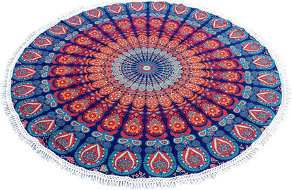 Mandala Round Beach Tapestry Boho Hippie Blanket Bohemian Large Table Cloth Home Decor Yoga Mat Meditation Picnic Rug Throw Hippy Gypsy Tablecloth Roundie (42 Inches, Orange And Blue)