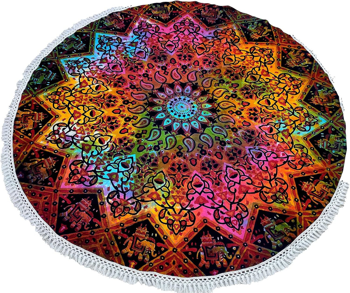 Mandala Round Beach Tapestry Boho Hippie Blanket Bohemian Large Table Cloth Home Decor Yoga Mat Meditation Picnic Rug Throw Hippy Gypsy Tablecloth Roundie (42 Inches, Orange And Blue)
