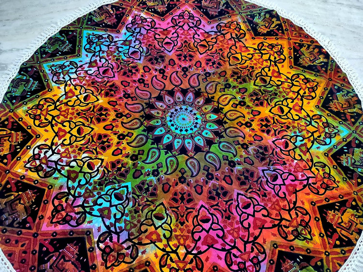 Mandala Round Beach Tapestry Boho Hippie Blanket Bohemian Large Table Cloth Home Decor Yoga Mat Meditation Picnic Rug Throw Hippy Gypsy Tablecloth Roundie (42 Inches, Orange And Blue)