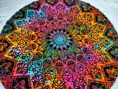 Mandala Round Beach Tapestry Boho Hippie Blanket Bohemian Large Table Cloth Home Decor Yoga Mat Meditation Picnic Rug Throw Hippy Gypsy Tablecloth Roundie (42 Inches, Orange And Blue)