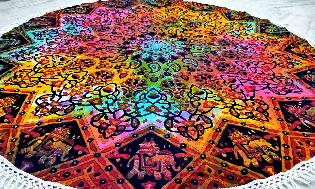 Mandala Round Beach Tapestry Boho Hippie Blanket Bohemian Large Table Cloth Home Decor Yoga Mat Meditation Picnic Rug Throw Hippy Gypsy Tablecloth Roundie (42 Inches, Orange And Blue)
