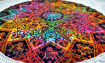 Mandala Round Beach Tapestry Boho Hippie Blanket Bohemian Large Table Cloth Home Decor Yoga Mat Meditation Picnic Rug Throw Hippy Gypsy Tablecloth Roundie (42 Inches, Orange And Blue)