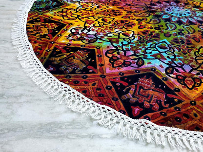 Mandala Round Beach Tapestry Boho Hippie Blanket Bohemian Large Table Cloth Home Decor Yoga Mat Meditation Picnic Rug Throw Hippy Gypsy Tablecloth Roundie (42 Inches, Orange And Blue)