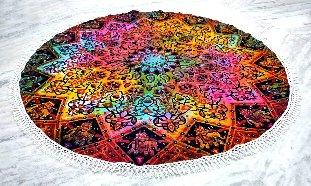 Mandala Round Beach Tapestry Boho Hippie Blanket Bohemian Large Table Cloth Home Decor Yoga Mat Meditation Picnic Rug Throw Hippy Gypsy Tablecloth Roundie (42 Inches, Orange And Blue)