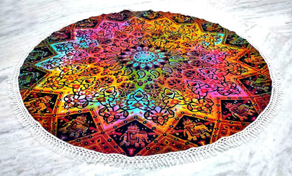 Mandala Round Beach Tapestry Boho Hippie Blanket Bohemian Large Table Cloth Home Decor Yoga Mat Meditation Picnic Rug Throw Hippy Gypsy Tablecloth Roundie (42 Inches, Orange And Blue)