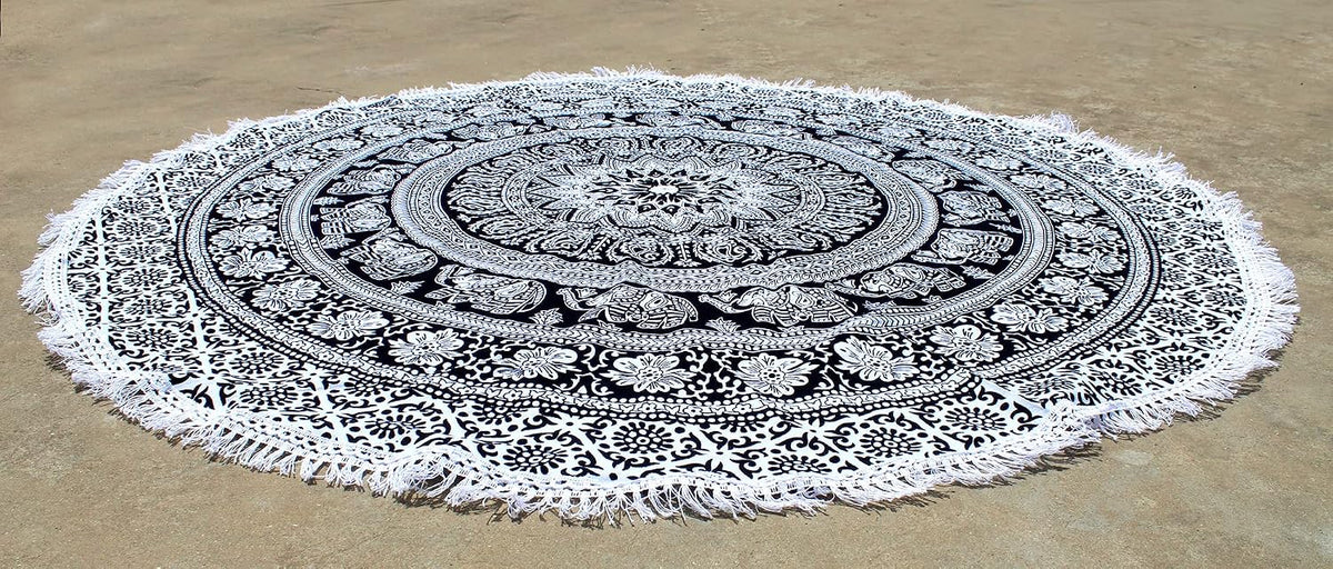 Mandala Round Beach Tapestry Boho Hippie Blanket Bohemian Large Table Cloth Home Decor Yoga Mat Meditation Picnic Rug Throw Hippy Gypsy Tablecloth Roundie (42 Inches, Orange And Blue)