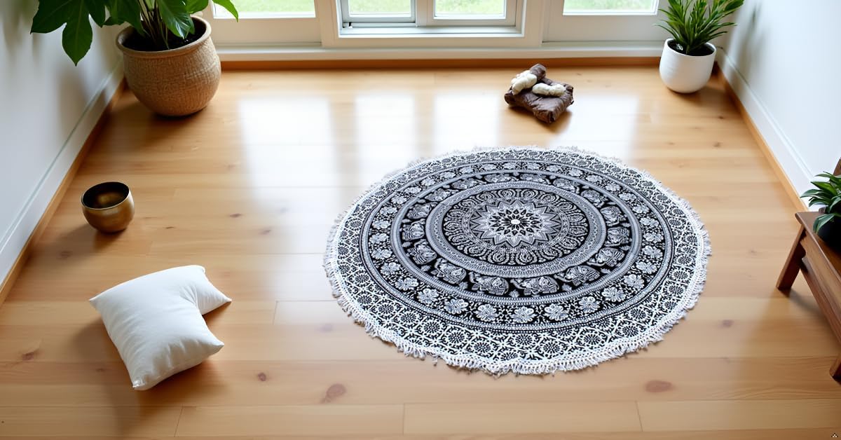 Mandala Round Beach Tapestry Boho Hippie Blanket Bohemian Large Table Cloth Home Decor Yoga Mat Meditation Picnic Rug Throw Hippy Gypsy Tablecloth Roundie (42 Inches, Orange And Blue)