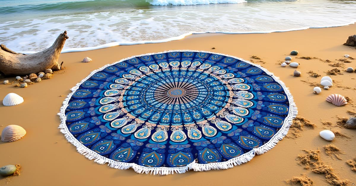 Mandala Round Beach Tapestry Boho Hippie Blanket Bohemian Large Table Cloth Home Decor Yoga Mat Meditation Picnic Rug Throw Hippy Gypsy Tablecloth Roundie (42 Inches, Orange And Blue)