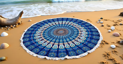 Mandala Round Beach Tapestry Boho Hippie Blanket Bohemian Large Table Cloth Home Decor Yoga Mat Meditation Picnic Rug Throw Hippy Gypsy Tablecloth Roundie (42 Inches, Orange And Blue)