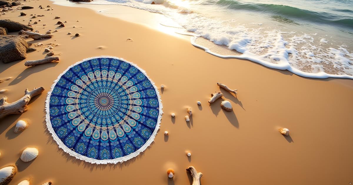 Mandala Round Beach Tapestry Boho Hippie Blanket Bohemian Large Table Cloth Home Decor Yoga Mat Meditation Picnic Rug Throw Hippy Gypsy Tablecloth Roundie (42 Inches, Orange And Blue)