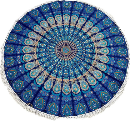 Mandala Round Beach Tapestry Boho Hippie Blanket Bohemian Large Table Cloth Home Decor Yoga Mat Meditation Picnic Rug Throw Hippy Gypsy Tablecloth Roundie (42 Inches, Orange And Blue)