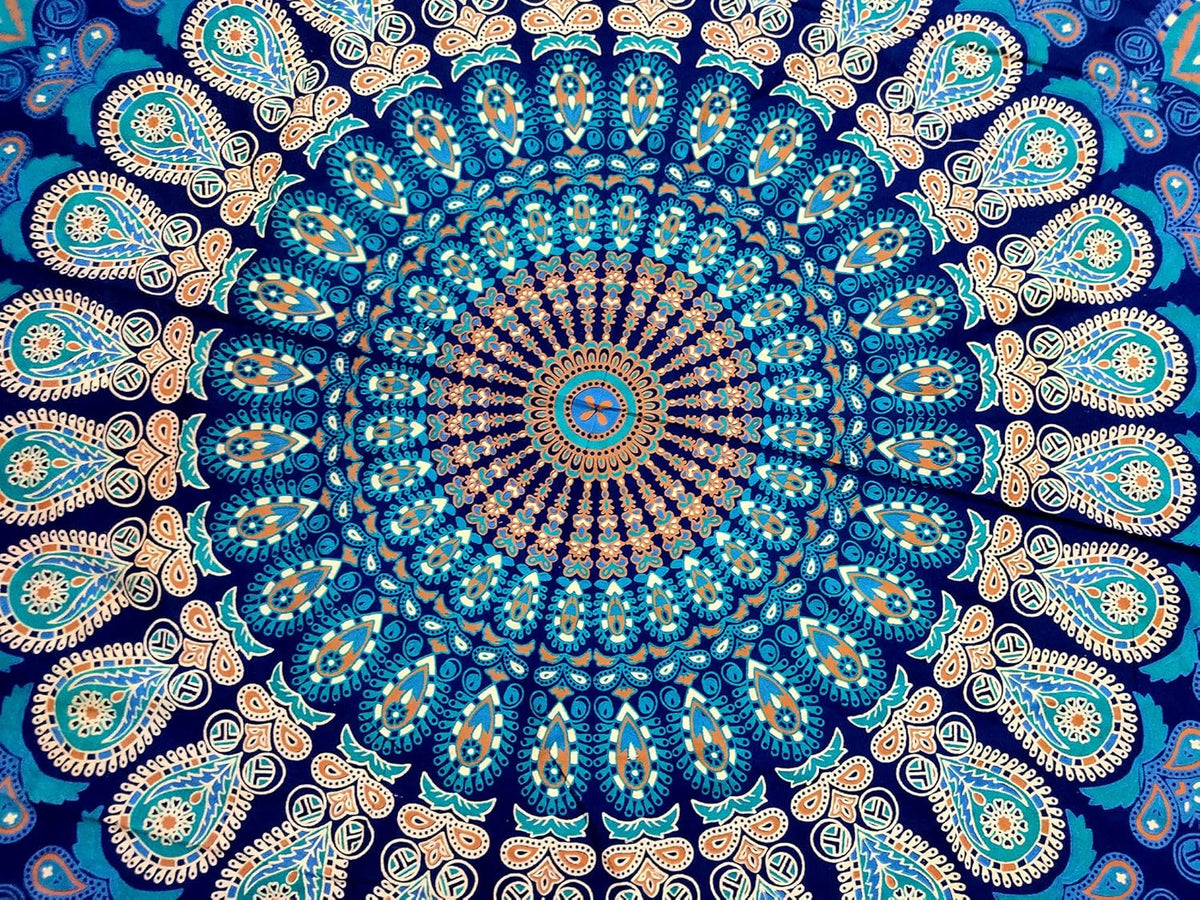 Mandala Round Beach Tapestry Boho Hippie Blanket Bohemian Large Table Cloth Home Decor Yoga Mat Meditation Picnic Rug Throw Hippy Gypsy Tablecloth Roundie (42 Inches, Orange And Blue)