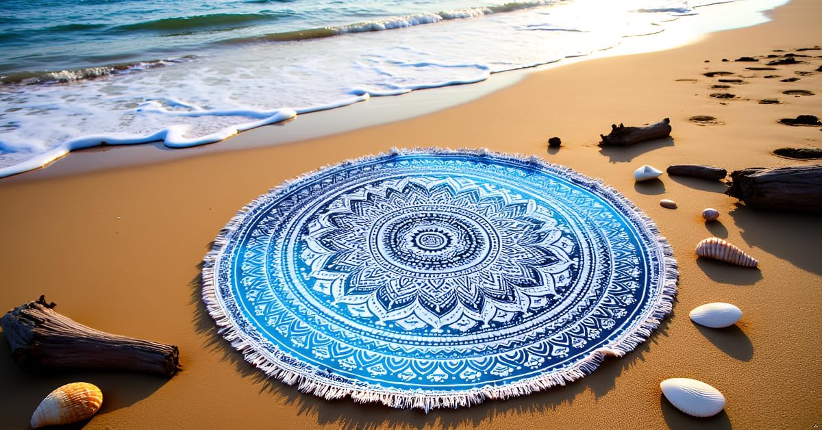 Mandala Round Beach Tapestry Boho Hippie Blanket Bohemian Large Table Cloth Home Decor Yoga Mat Meditation Picnic Rug Throw Hippy Gypsy Tablecloth Roundie (42 Inches, Orange And Blue)